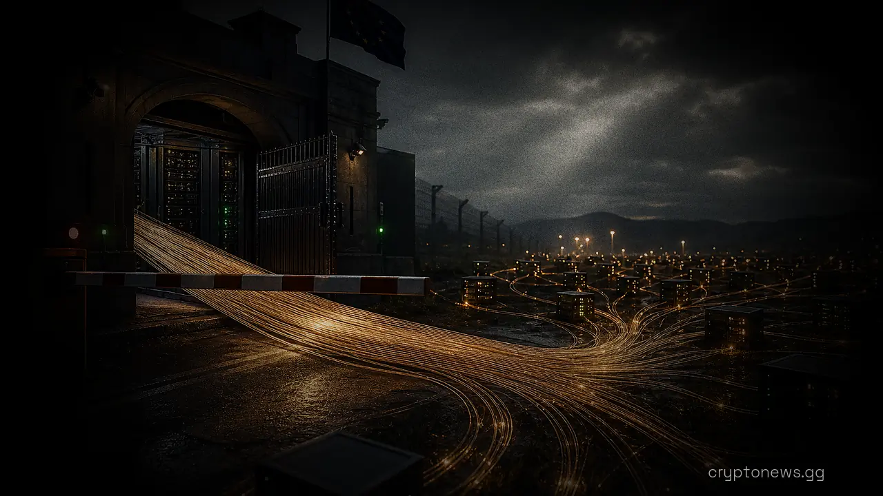 Fiber-optic cables leaving a gated data center arc over a border barrier into a web of small server nodes in a field