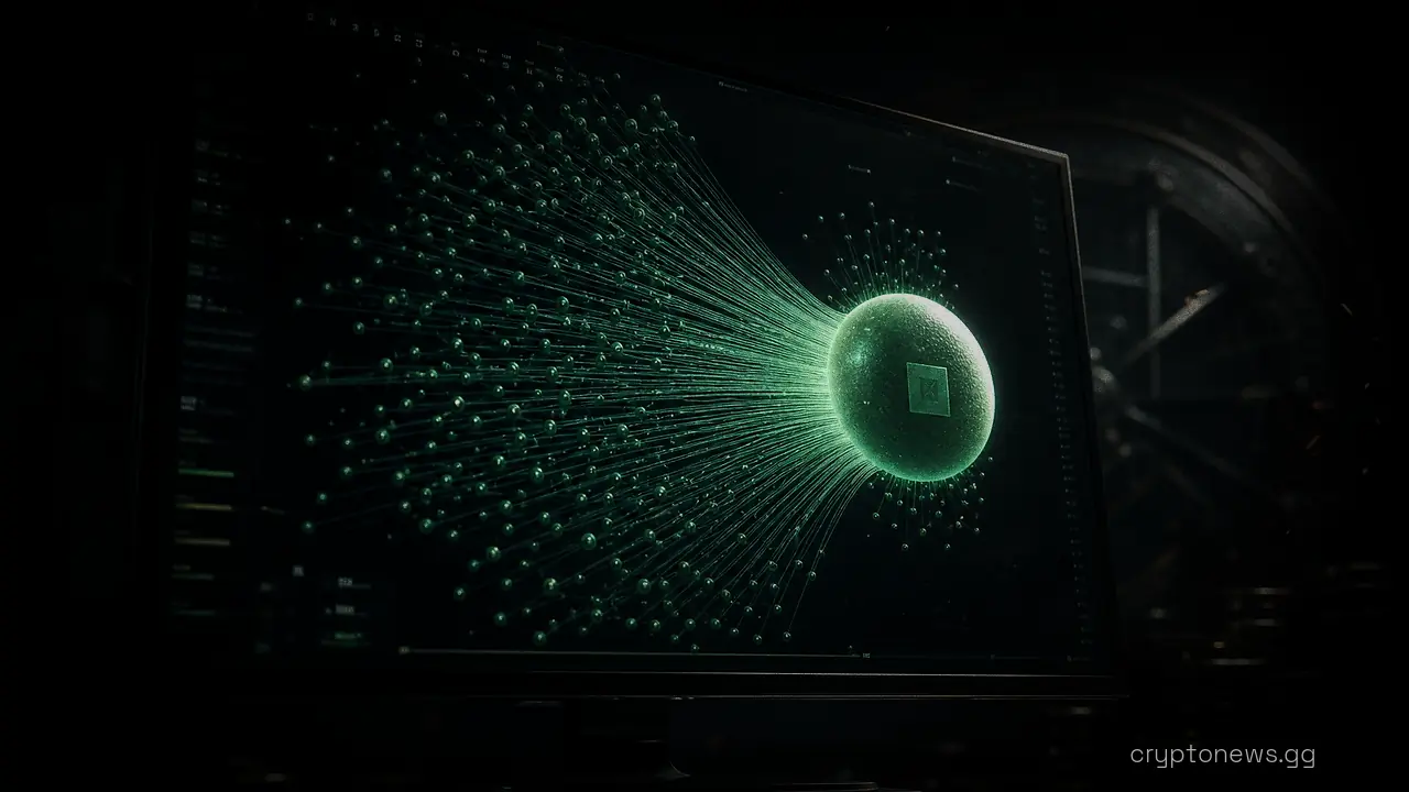A network graph on a screen showing one large central node linked to hundreds of tiny scattered nodes