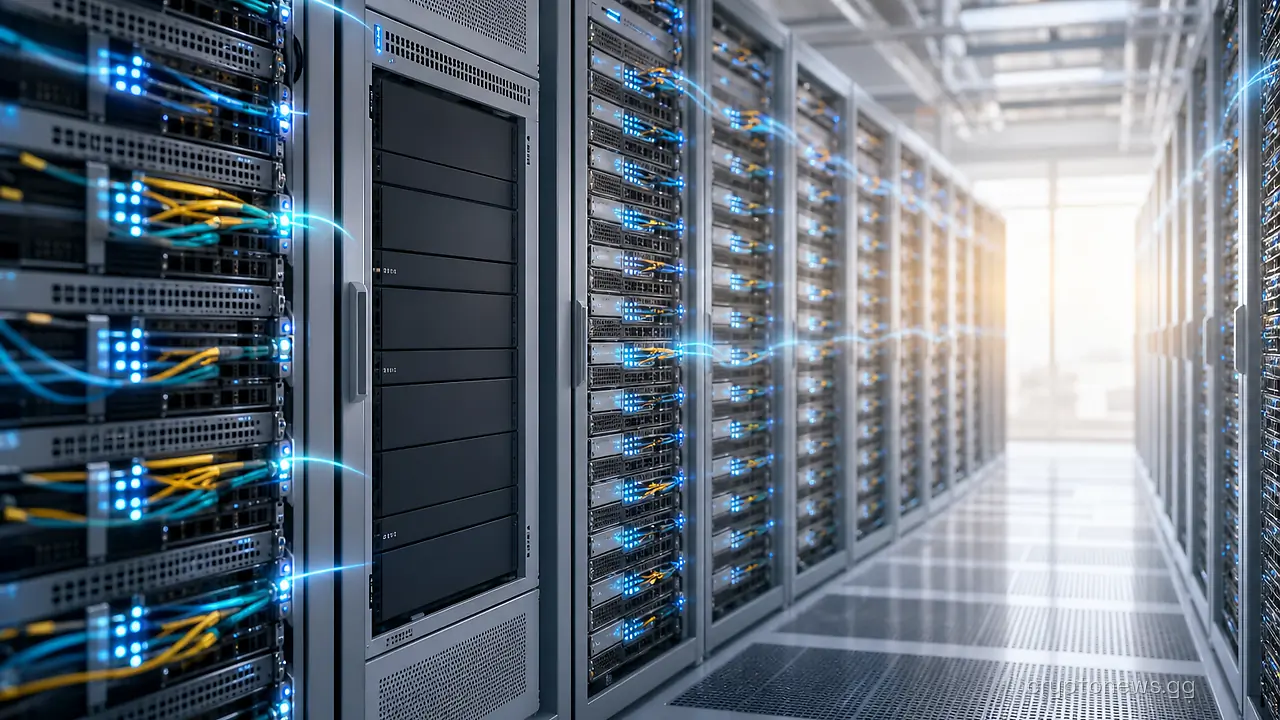 Rows of interconnected server machines in a data center aisle with one unit sitting inert as cables link the others