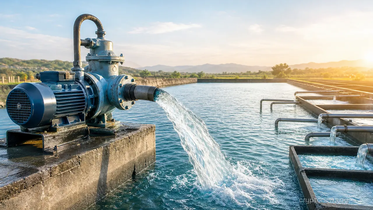 An industrial pump feeding water into a wide reservoir with slim pipes branching off to scattered small basins