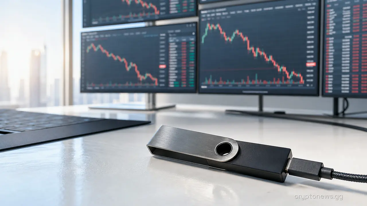 A hardware wallet on a trading desk wired to screens showing a falling price feed on a nearly bare desk