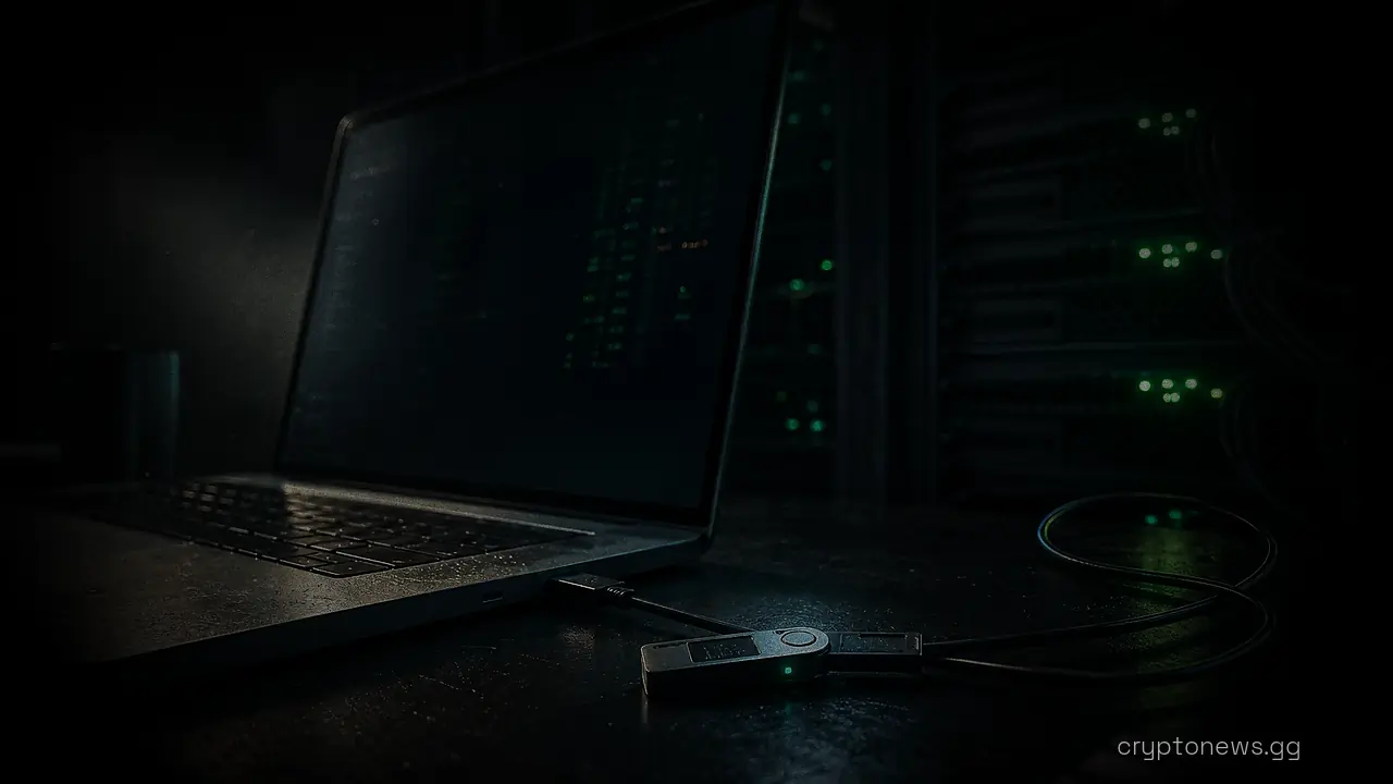 An open laptop and hardware wallet on a desk, connected by cable to a server rack with status lights