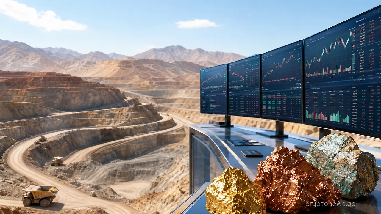Open-pit copper and gold mine in the desert with trading screens at the pit edge