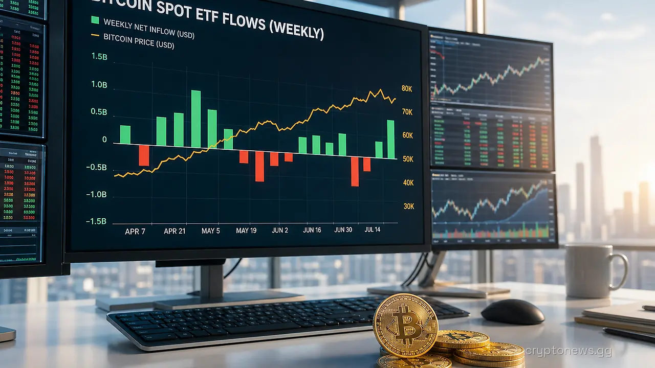 Trading desk with financial terminals showing a bitcoin ETF inflow chart and price line beside physical bitcoin coins