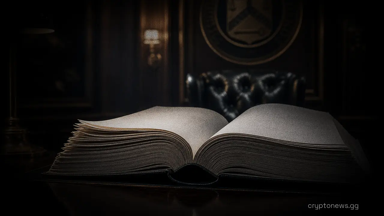 An open thick bound government report with fanned pages on a polished desk in a wood-paneled office