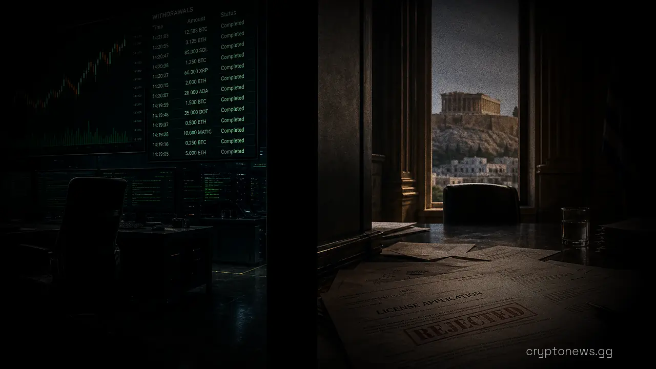 Rows of monitors on an empty trading floor beside scattered rejection papers overlooking the Acropolis