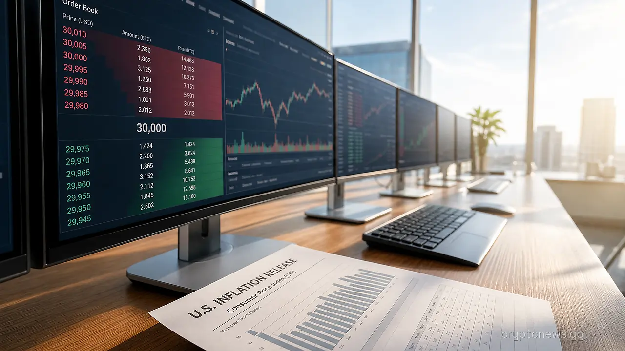 Trading terminals showing a Bitcoin order book beside a printed inflation release on an empty desk