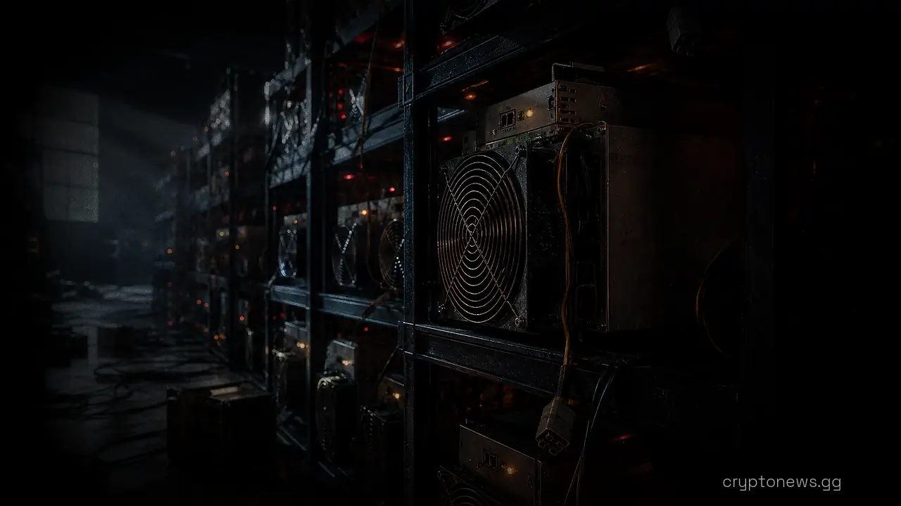 Rows of Bitcoin mining rigs in a warehouse with rack lights off and power cables disconnected