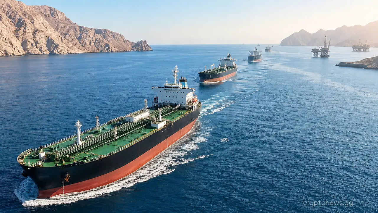 Oil tankers moving single file through the narrow Strait of Hormuz between rocky coastlines and offshore platforms