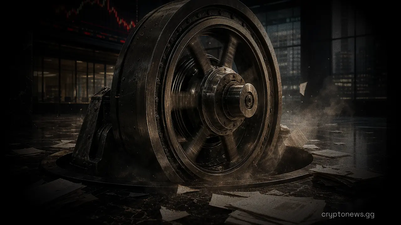 Steel flywheel embedded in a marble lobby floor spins in reverse as paper stacks scatter around it