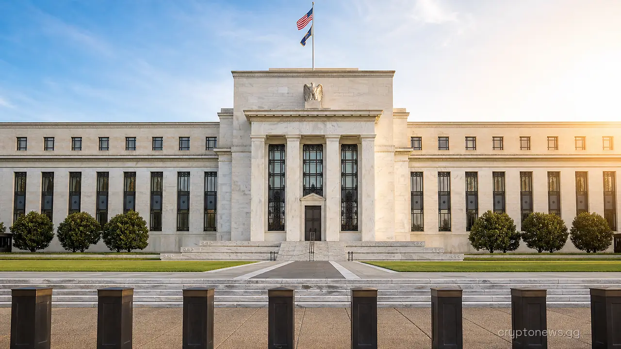 Columned neoclassical stone facade of the Federal Reserve headquarters seen from the empty plaza at street level