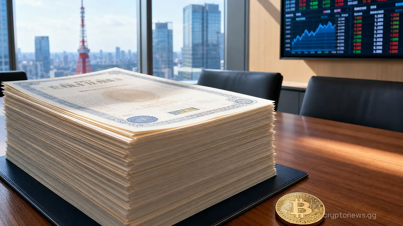 Tall stack of bond certificates beside a single small Bitcoin coin on a Tokyo office boardroom desk near a ticker board
