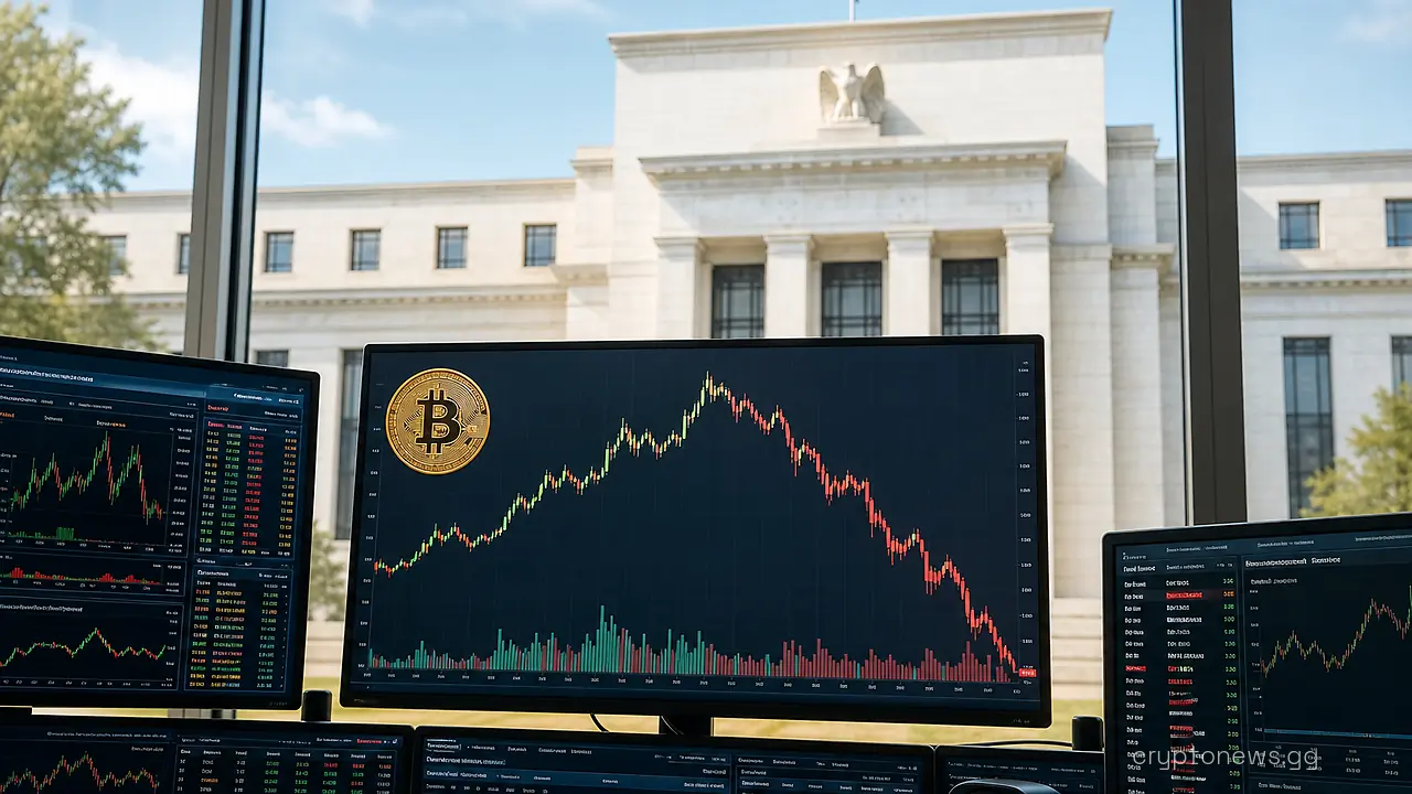Stacked trading monitors showing a falling bitcoin price line with a Federal Reserve building through the window behind