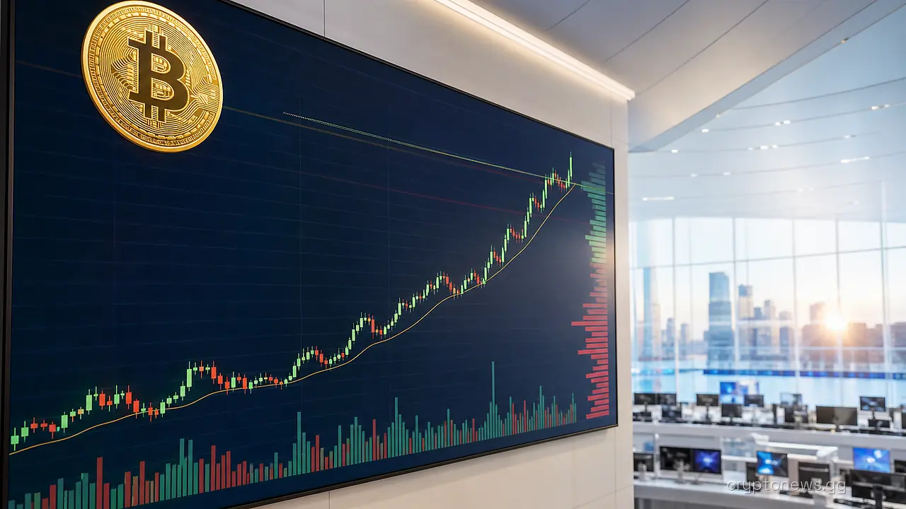 A Bitcoin price ladder rising toward a horizontal ceiling line on a large wall-mounted trading screen