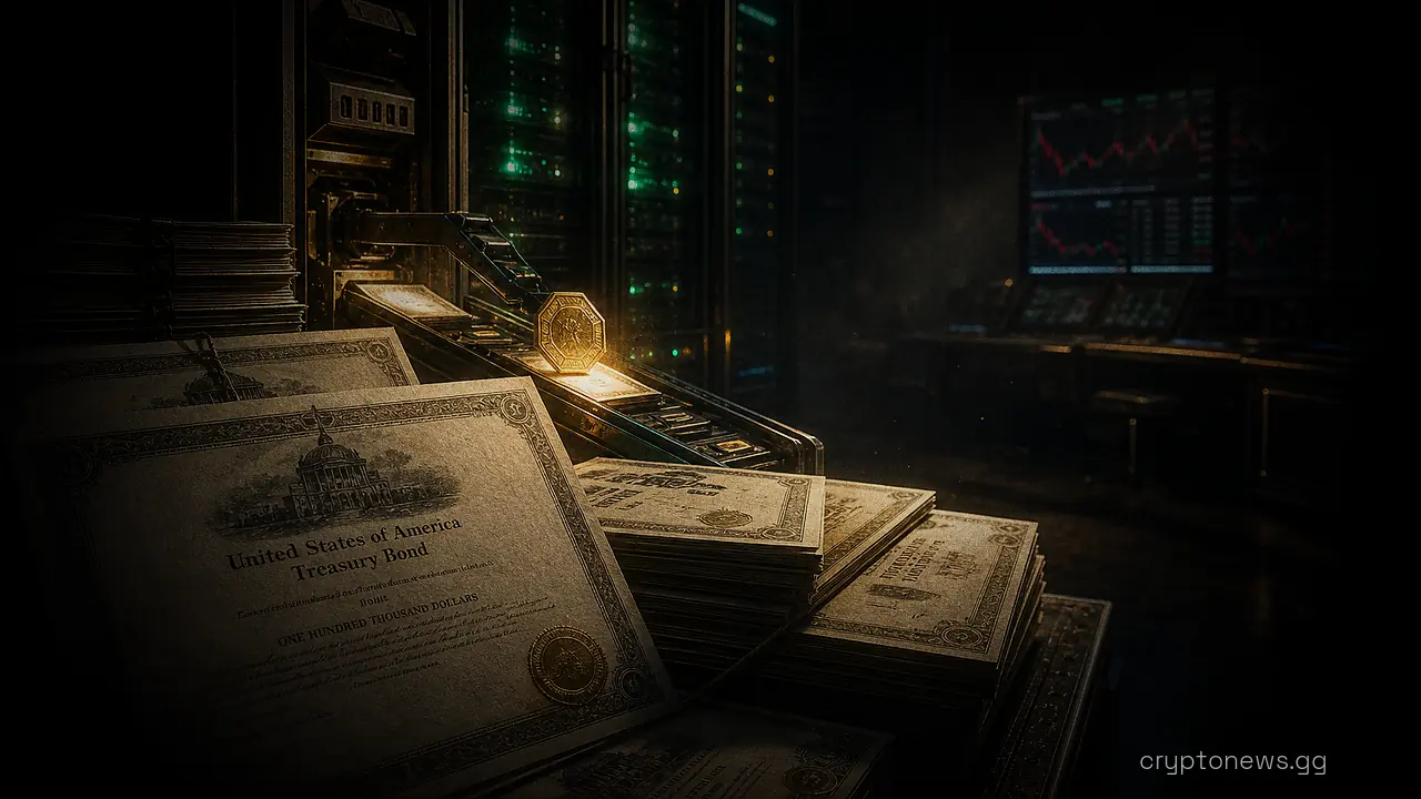Stacks of bond and credit certificates beside server racks, with a trading terminal sitting idle nearby