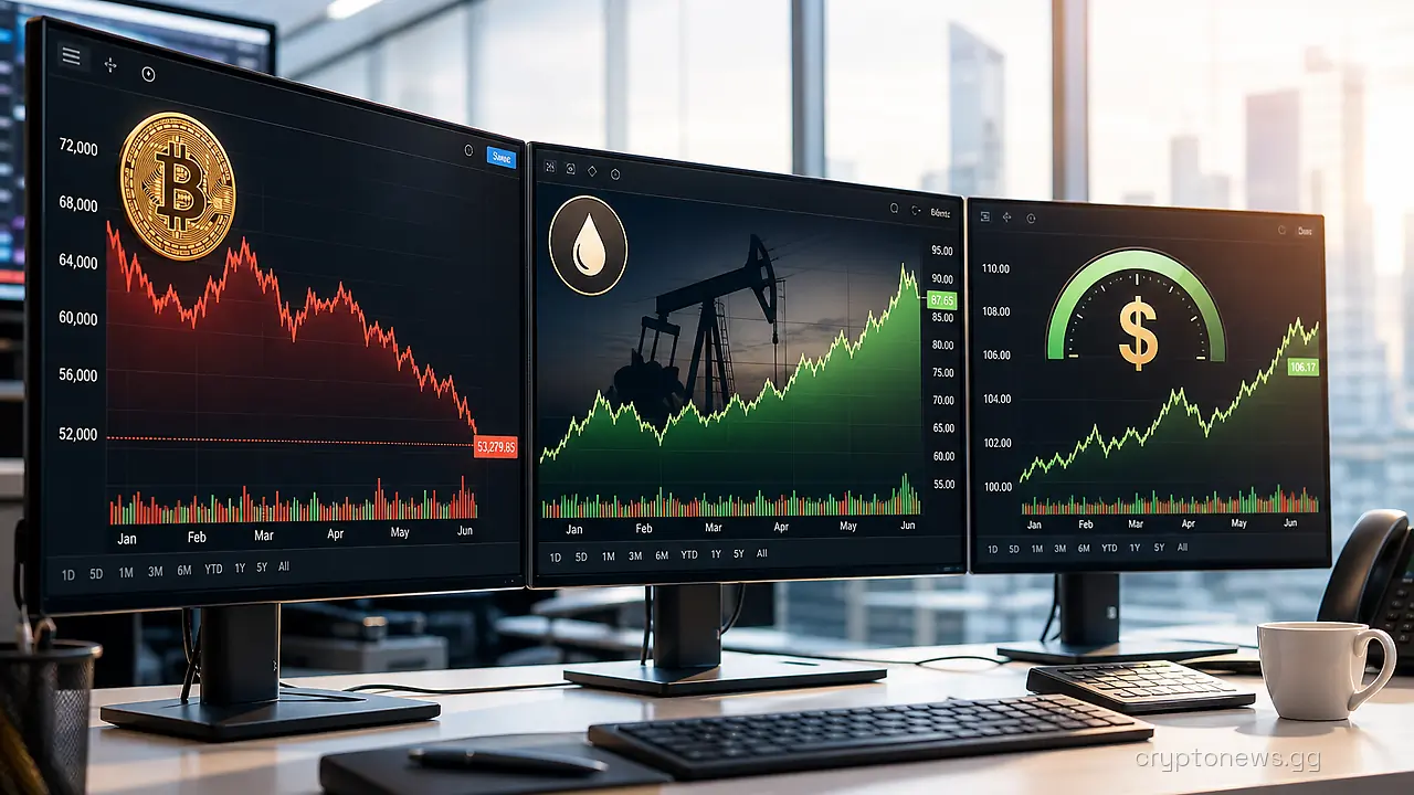 Trading desk monitors showing a falling bitcoin chart beside an oil price ticker and a rising dollar index gauge