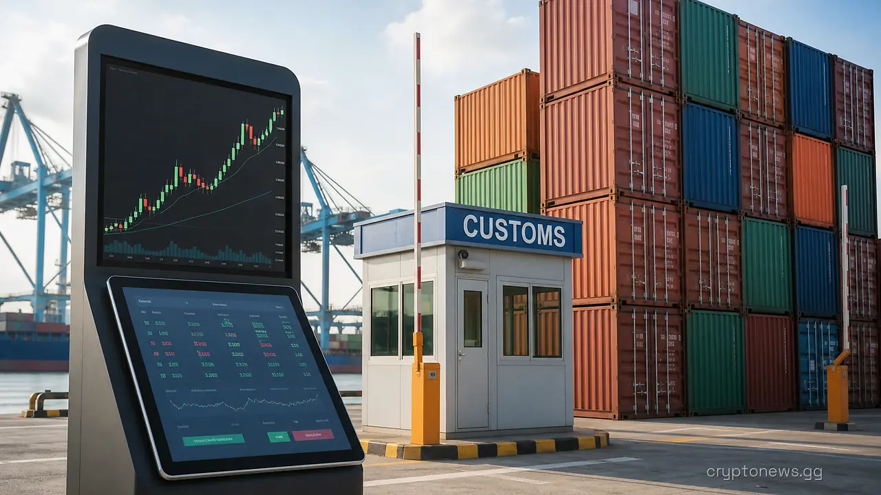Shipping containers and a customs booth at a cargo port beside a trading terminal showing a falling Bitcoin chart