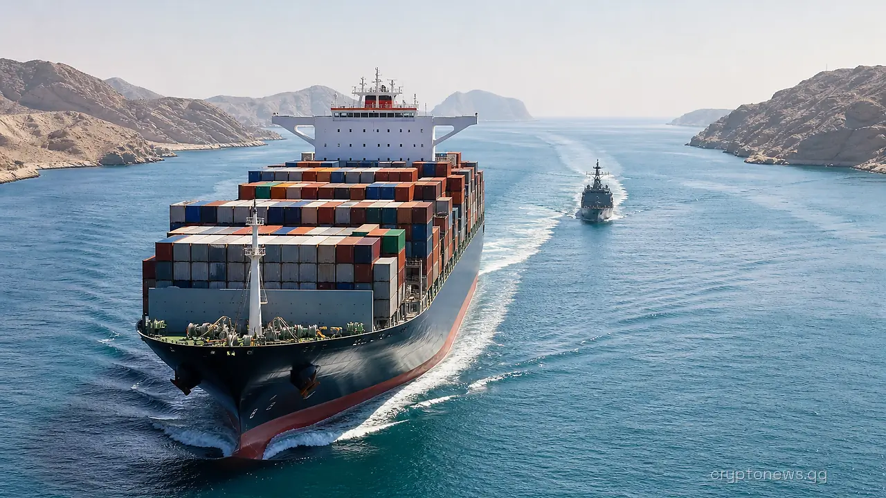 A container ship moving through a narrow sea strait flanked by rocky coastline with a naval vessel following behind