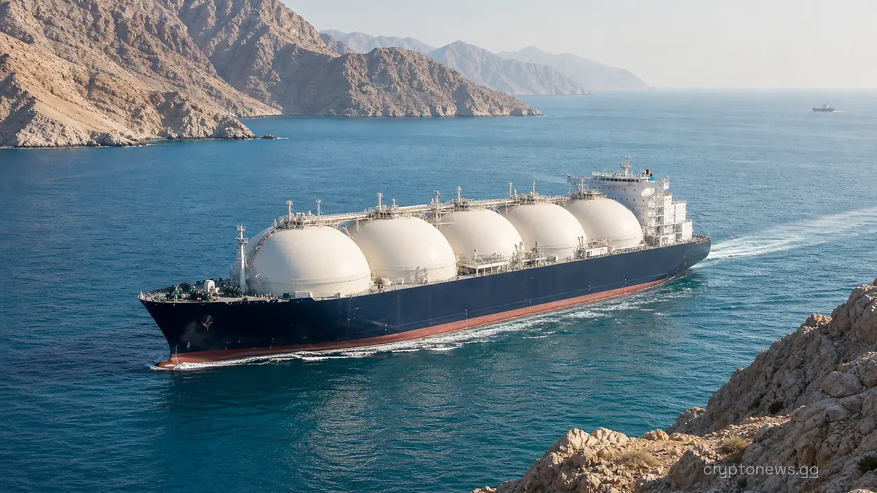 A liquefied natural gas tanker with spherical deck tanks passing through a narrow strait beside a rugged rocky coastline