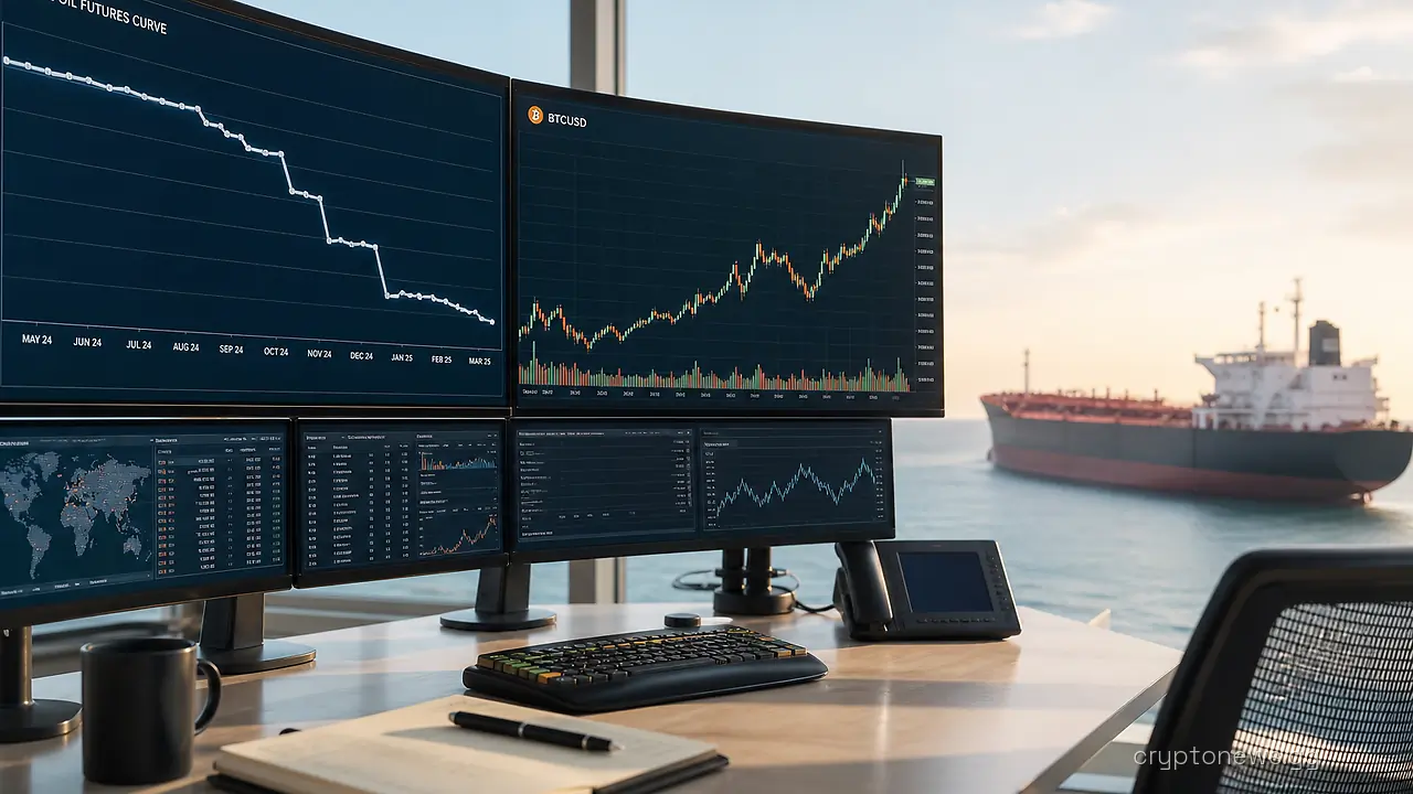 Energy trading desk with monitors showing a falling crude futures curve and a bitcoin chart, tanker offshore