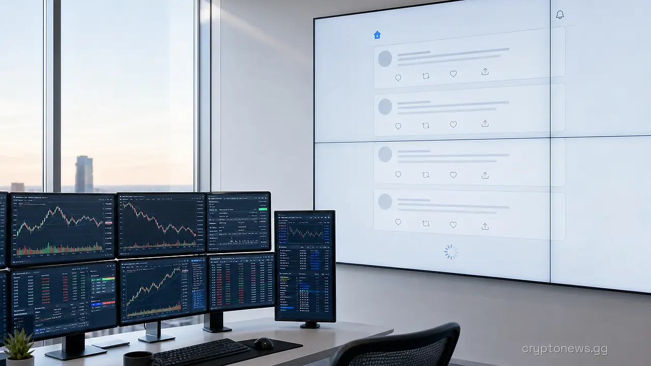 An empty trading desk with several market-data monitors facing a large wall screen showing a sparse social media feed