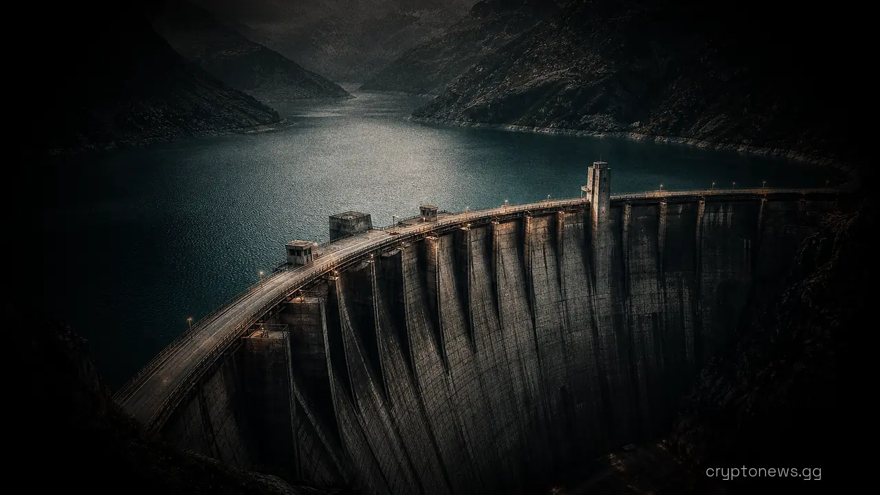 A huge curved concrete dam holding back a nearly full mountain reservoir fed by one thin stream