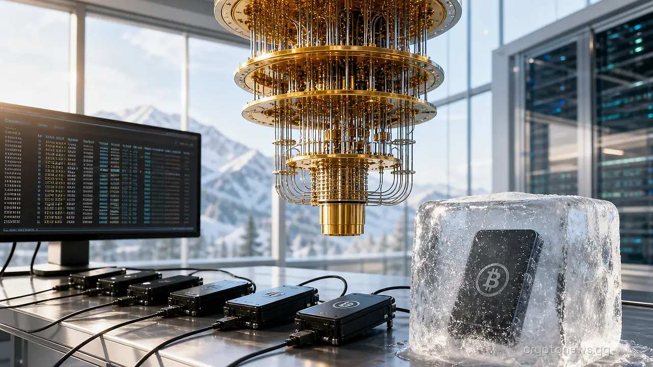 A tiered quantum computer above bitcoin hardware wallets, one sealed in ice, beside a screen of wallet addresses