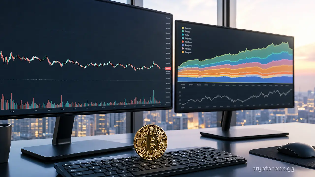 Empty trading desk with monitors showing a flat bitcoin price band and a layered on-chain chart, a coin on the keyboard