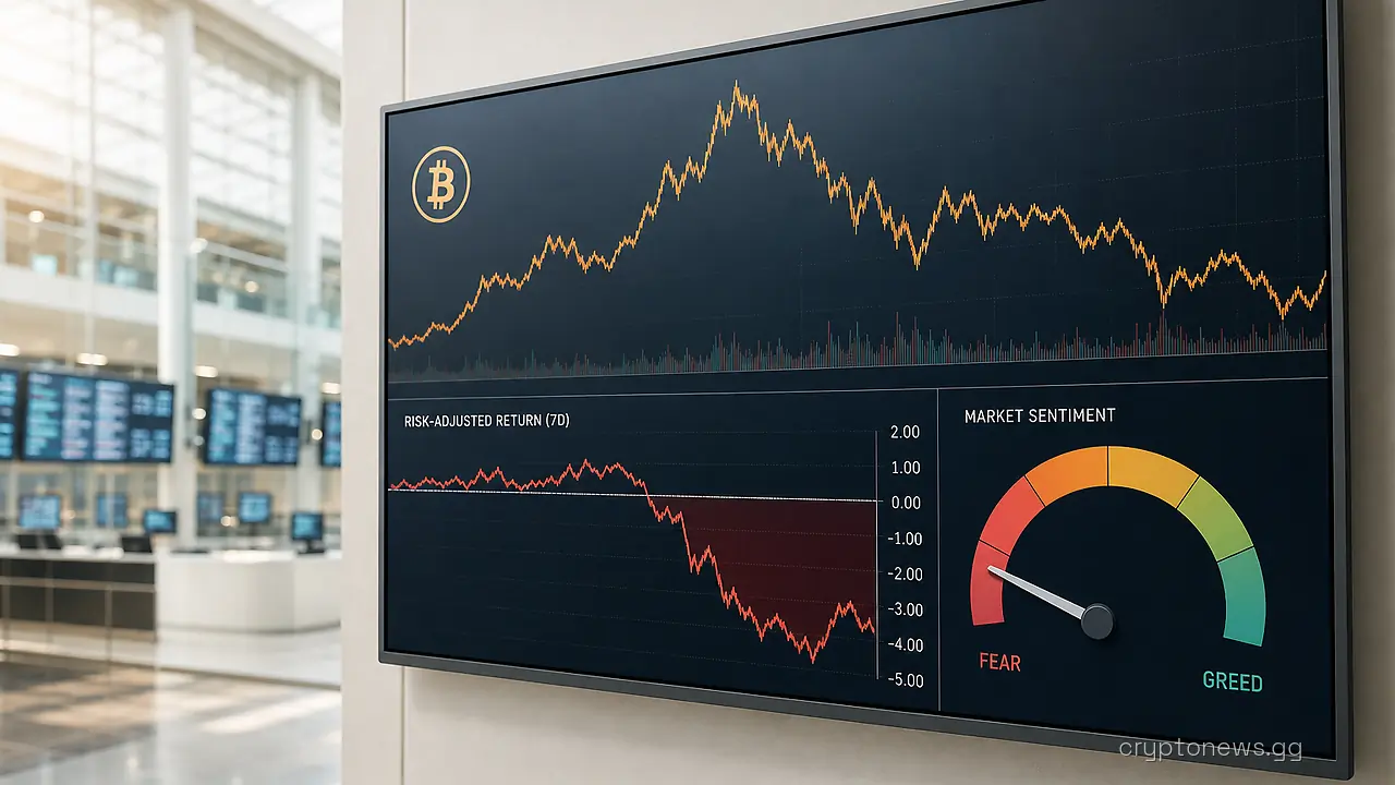 Trading terminal on an empty exchange floor showing a Bitcoin chart, a plunging risk-ratio curve and a sentiment gauge