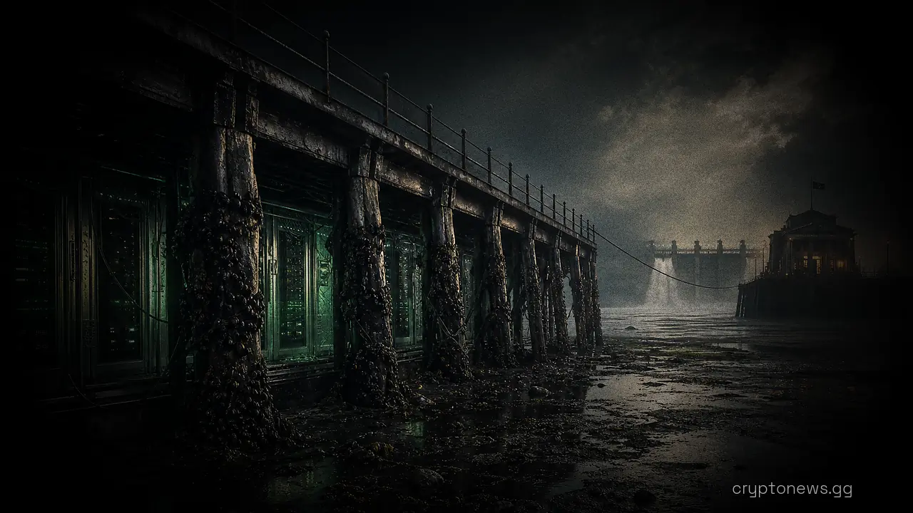 A pier exposed by a receding tide, one end anchored to a lit dockside server hall, the far end tied to a distant building