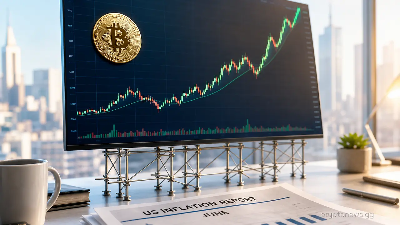 A trading screen showing a rising bitcoin price line propped up by thin scaffolding poles beside a printed inflation report