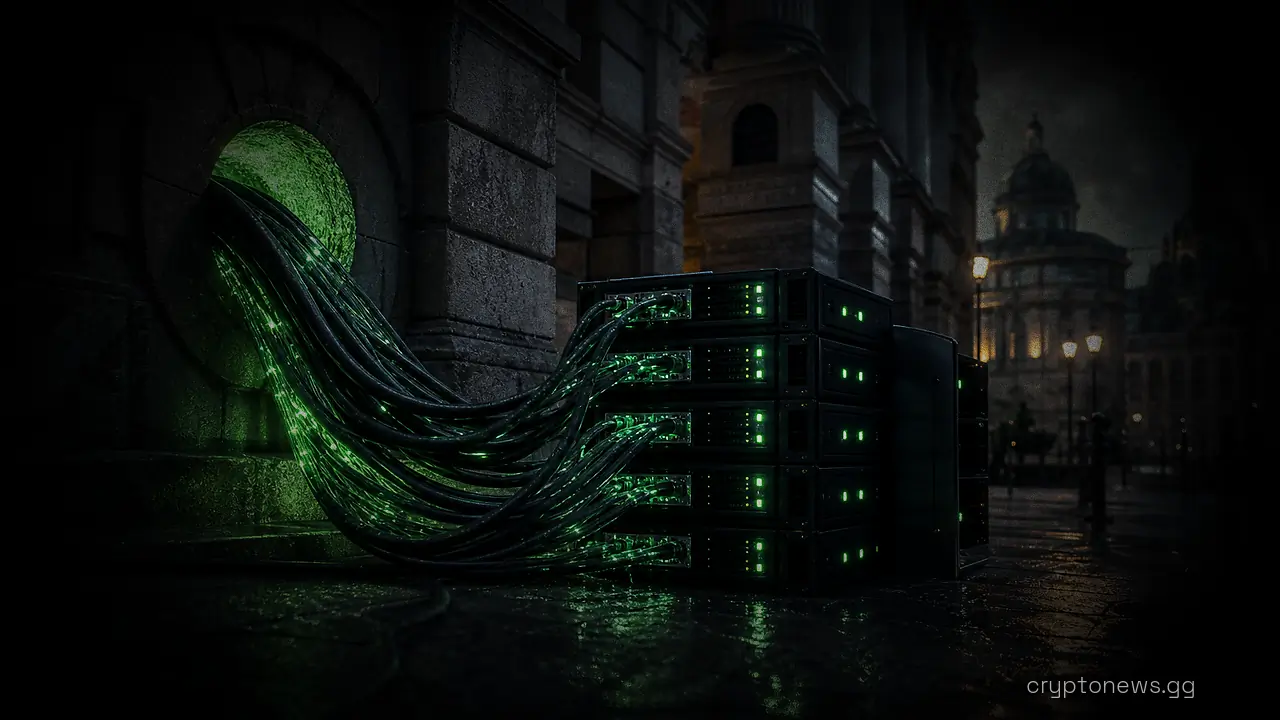 Fiber-optic cables running from a European bank facade into a stack of server racks on the pavement outside