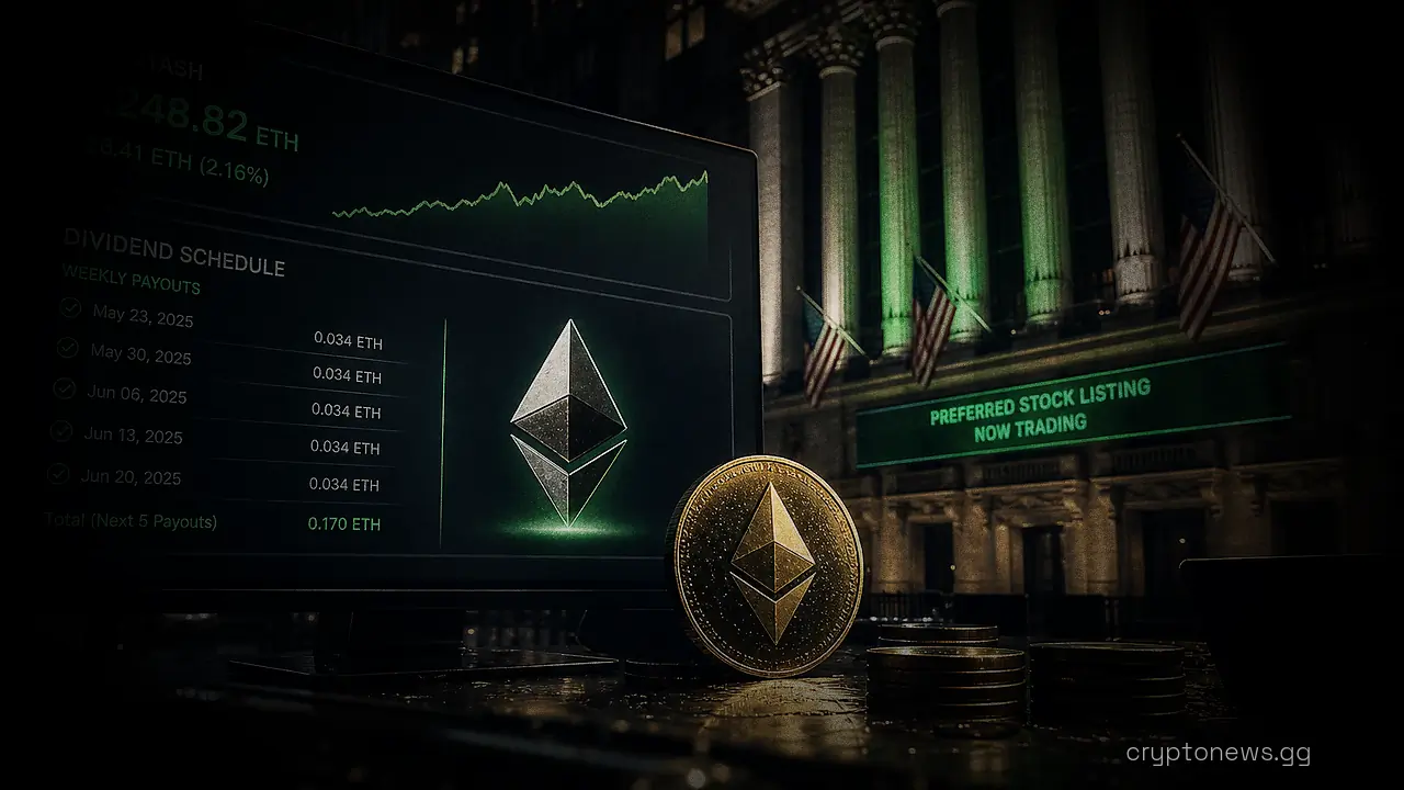 Trading terminal with a rising ether counter and dividend schedule outside the NYSE building