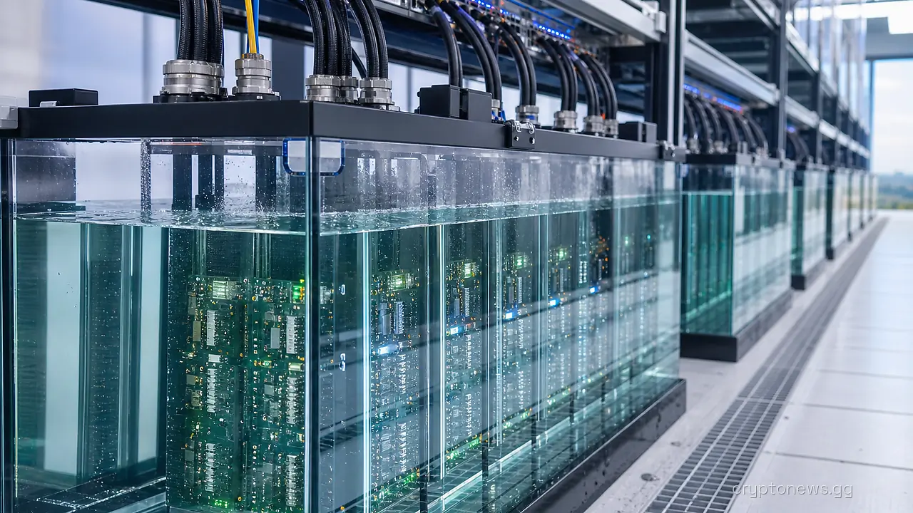 Rows of sealed immersion-cooling tanks in a data hall with server boards submerged in clear coolant and overhead cabling