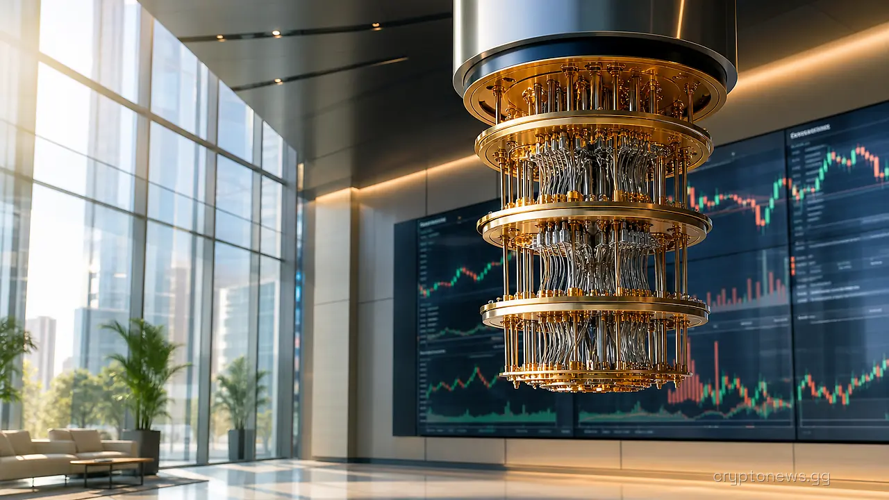 Suspended cylindrical quantum computer in a lobby with Bitcoin trading screens and BlackRock signage on a glass facade