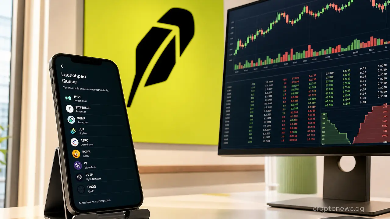 Smartphone running the Robinhood app in a desk stand beside a monitor of new token listings, Robinhood signage behind