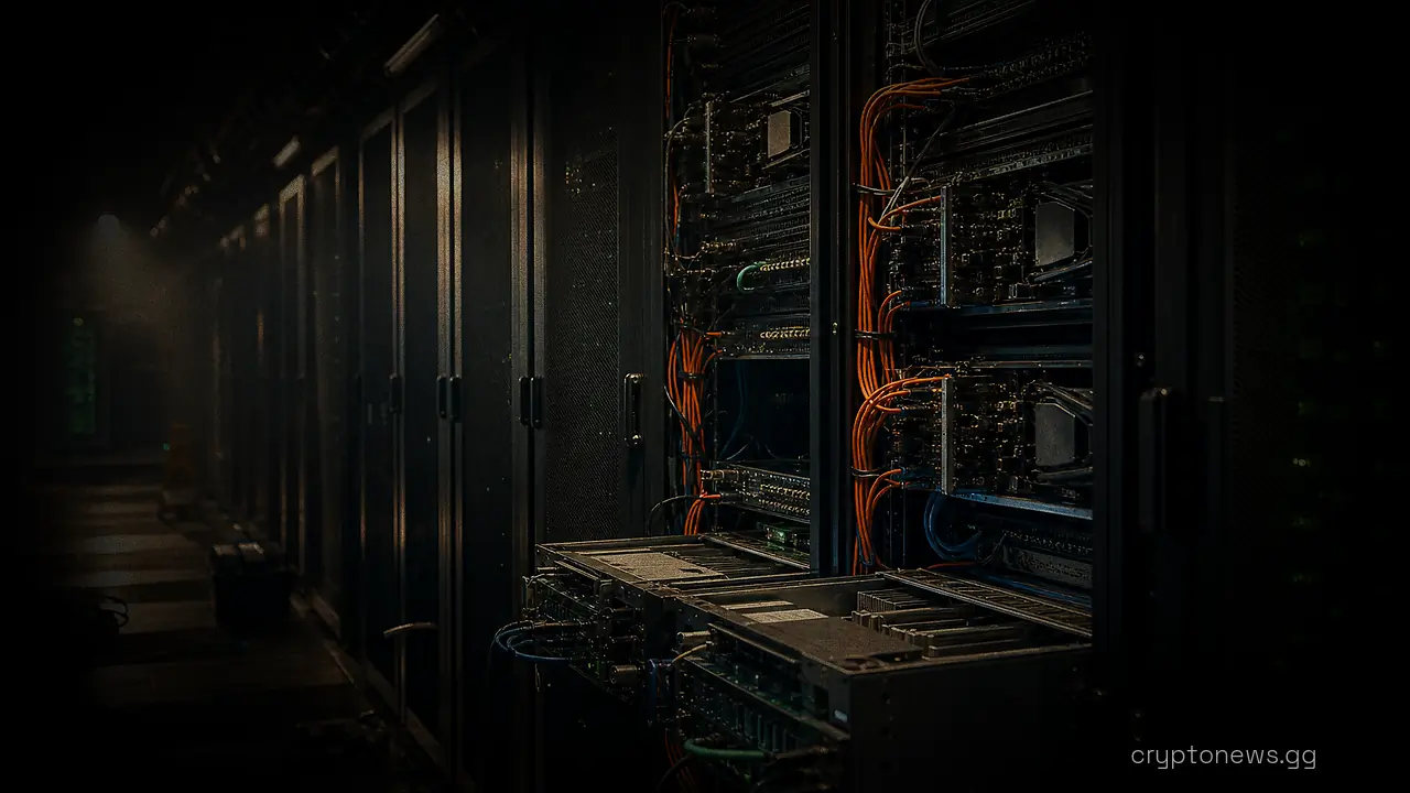Open server racks in a data center hall with cabling rerouted mid-rebuild, one sealed section running beside an exposed one