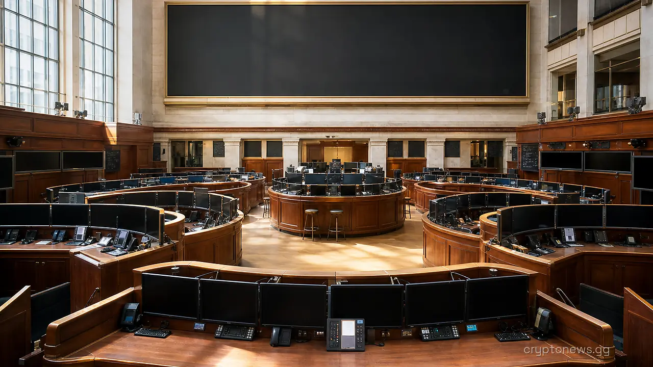 Empty stock exchange trading floor with tiered desks and rows of idle terminal screens below a blank quotation board