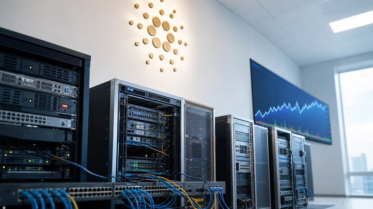 Server racks in a data center wired to a shared switch, a market ticker screen, and Cardano signage above the aisle