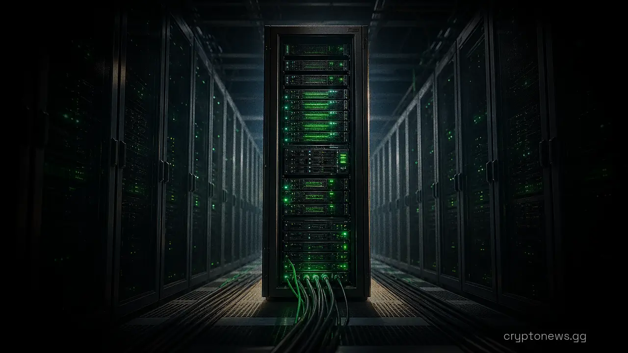 A row of server racks in a data hall with one cabinet standing forward of the others and cables running along the floor