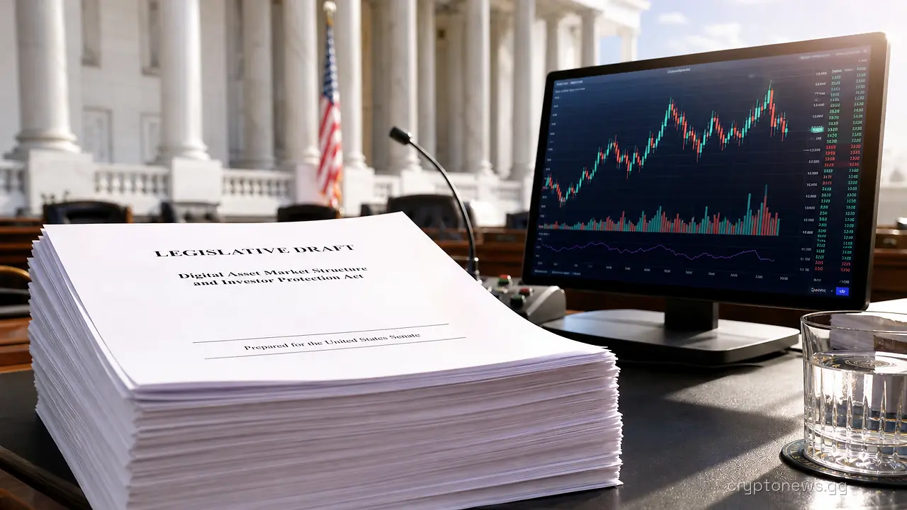 A thick printed bill on a Senate hearing-room desk beside a monitor showing a crypto price chart