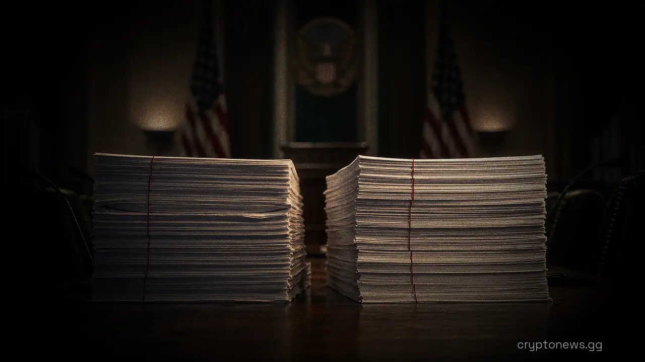 Two thick stacks of red-lined legislative documents on a conference table in a Capitol committee room