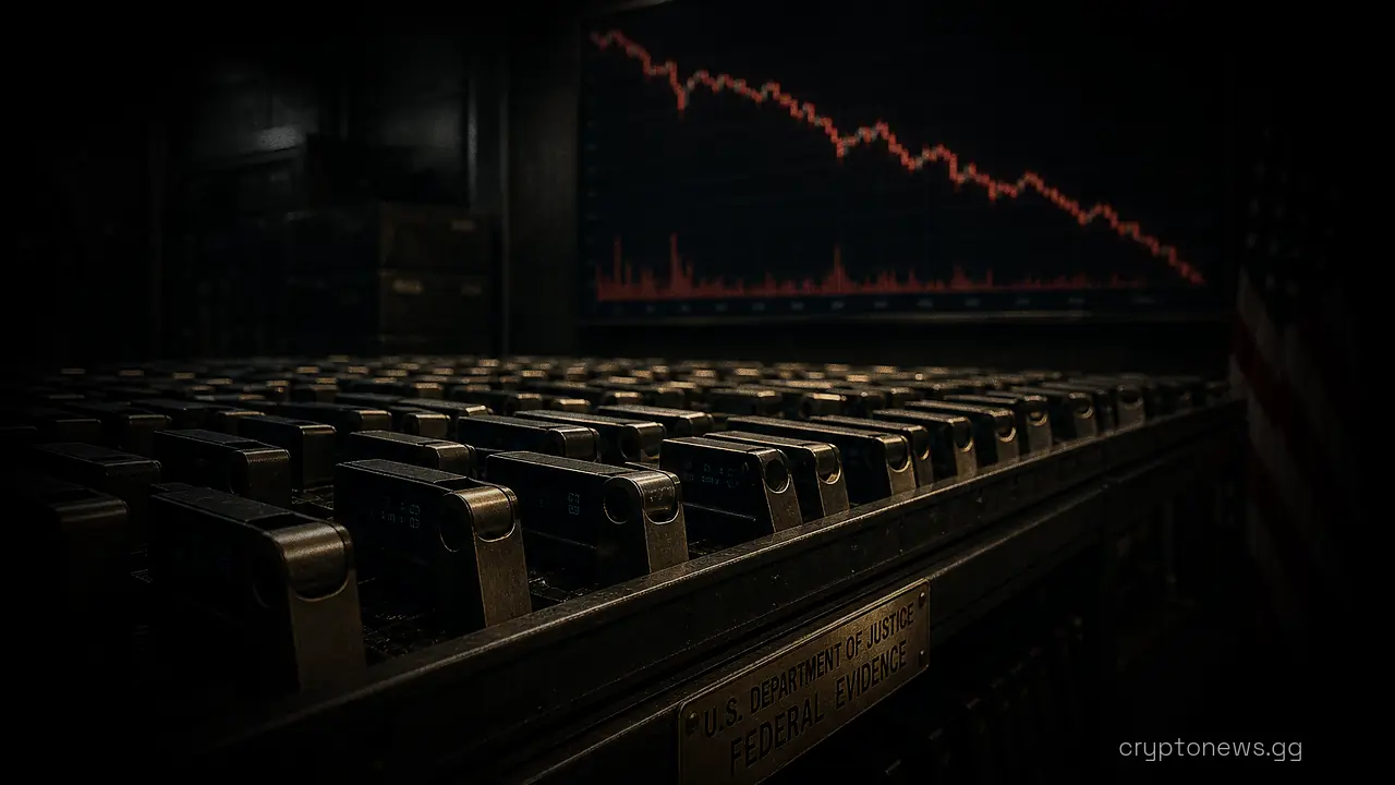 Confiscated hardware wallets on shelves in a federal evidence room beneath a screen showing a falling price chart