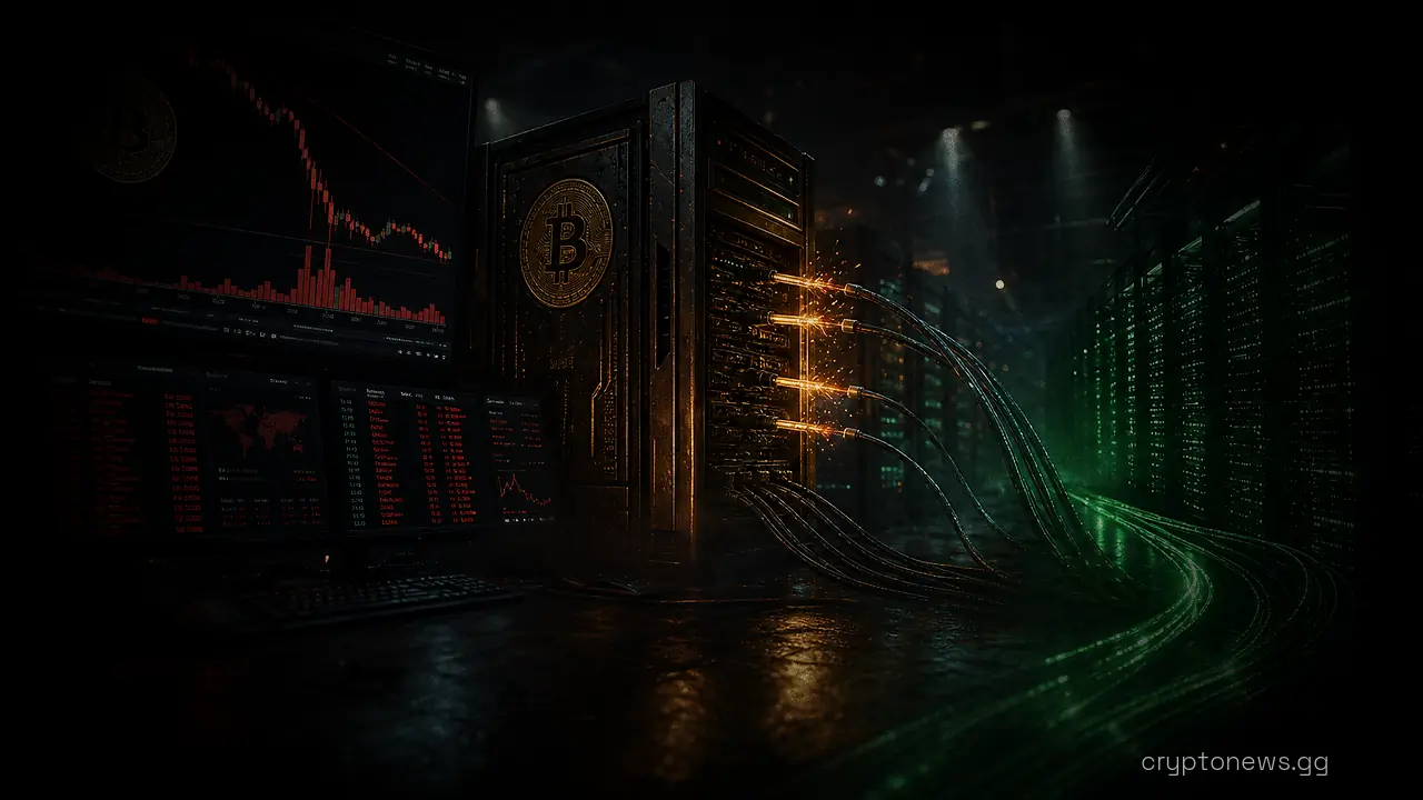 Trading floor monitors show a crashing Bitcoin chart as cables reroute from a server tower to AI supercomputer racks