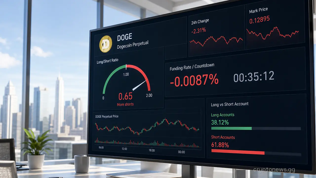 Exchange trading screen showing a Dogecoin derivatives dashboard with a long-to-short gauge and funding-rate readout