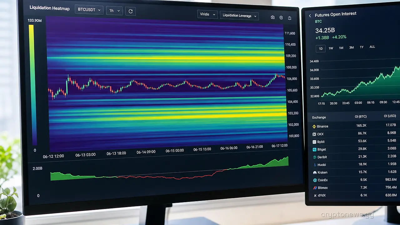 Trading desk monitors showing a liquidation heatmap with two dense bands squeezing a narrow column of price candles