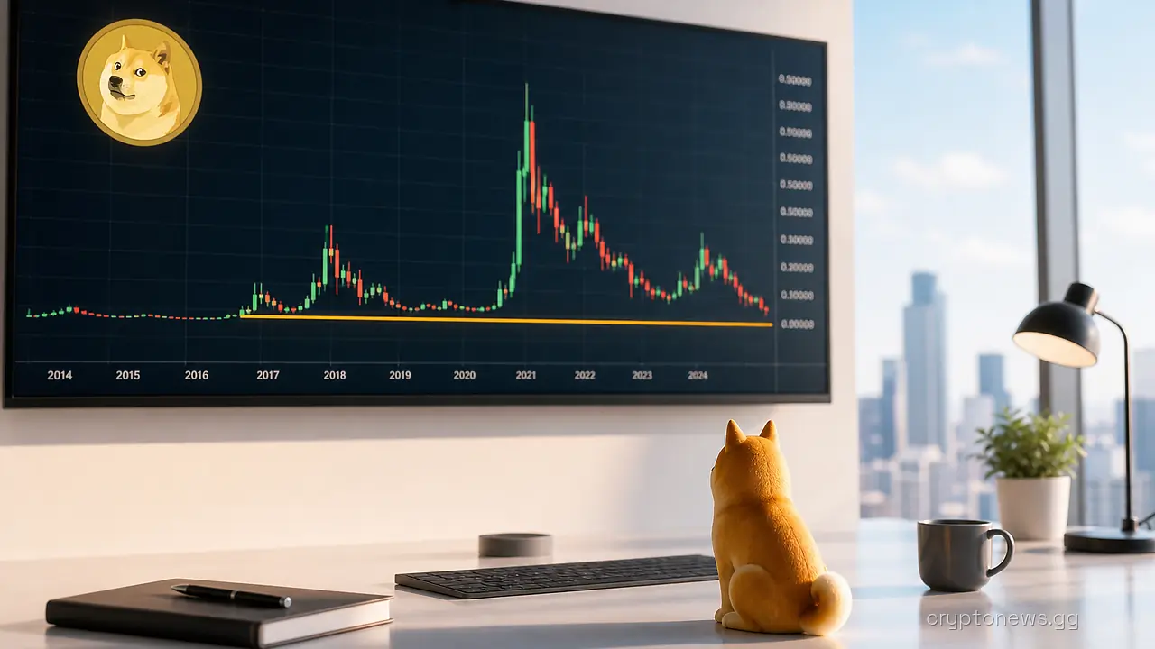 A trading desk with a wall monitor showing a Dogecoin monthly price chart and a small Shiba Inu figurine facing it