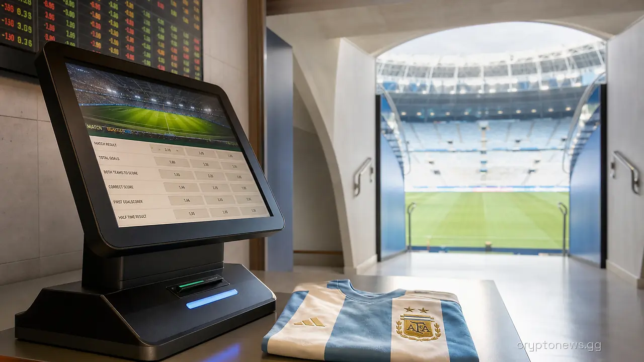 A sportsbook betting terminal and odds board on a stadium concourse with a folded Argentina jersey on the counter