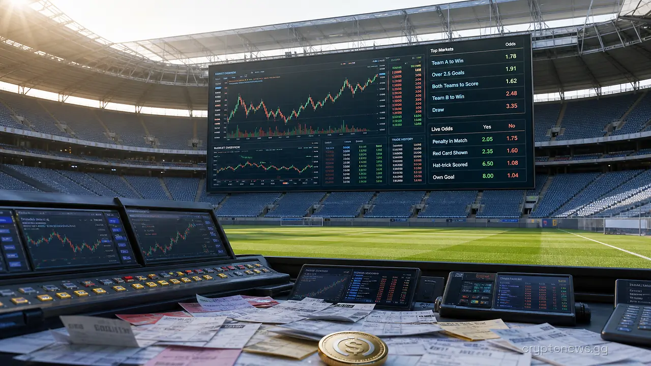Empty football stadium with its jumbotron turned into a wall of trading screens and a betting desk on the pitch below