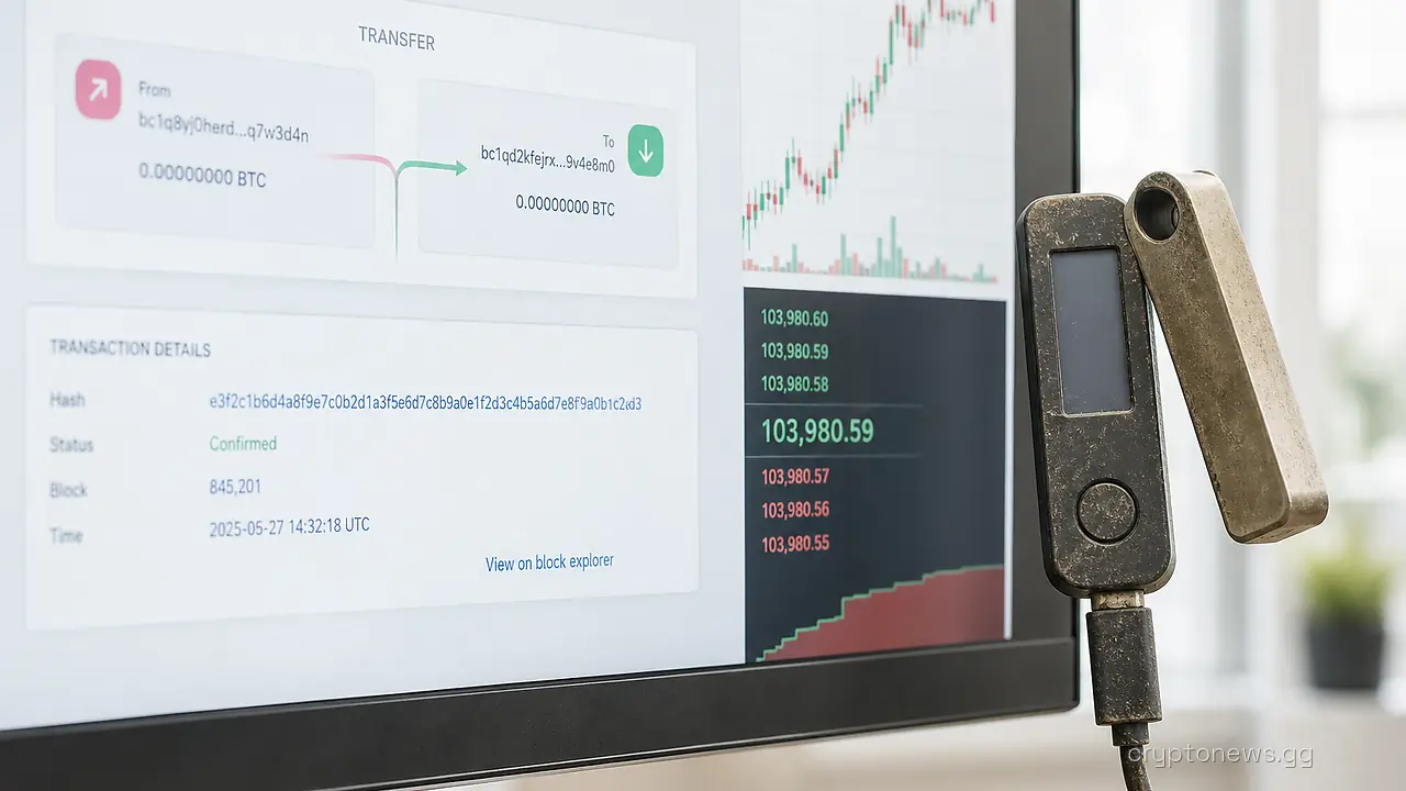 A dust-covered hardware wallet plugged into a monitor showing a blockchain explorer transfer and a Bitcoin price ticker